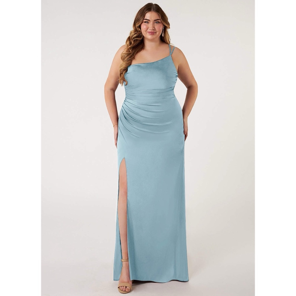 Azazie Eren Fitted One Shoulder Stretch Satin Bridesmaid Dress in Moody Blue NWT - Picture 8 of 15